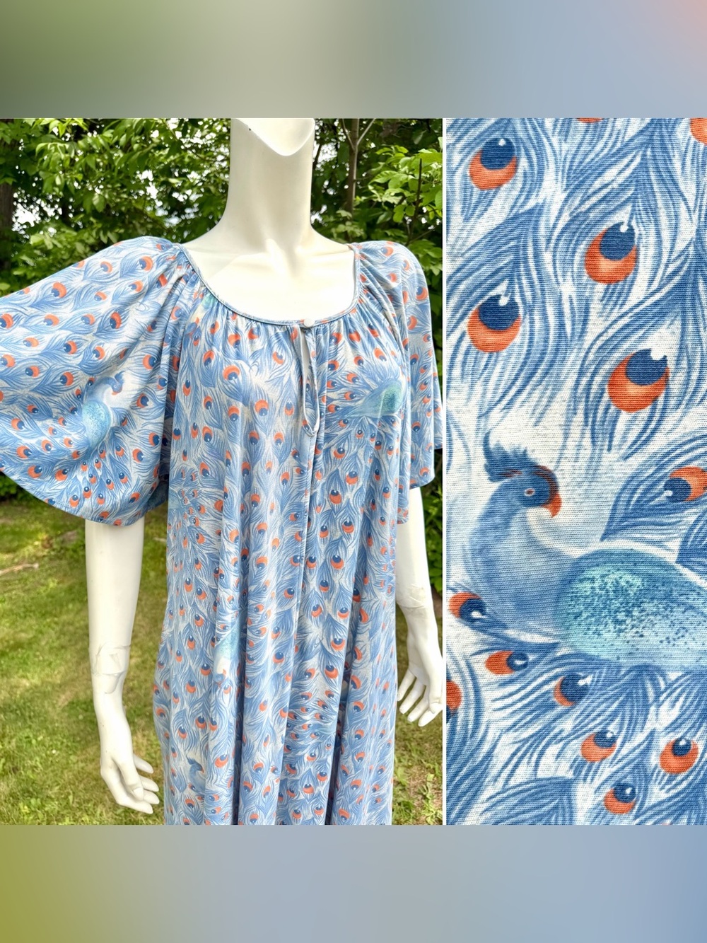 Vintage PEACOCK CAFTAN Flared Sleeve 1960s 1970s Dress Novelty Print Feathers OS
